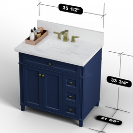 Solid Wood Frame Construction Kensington 35.5 Right Drawers in All Wood Vanity in Navy Blue - Cabinet Only