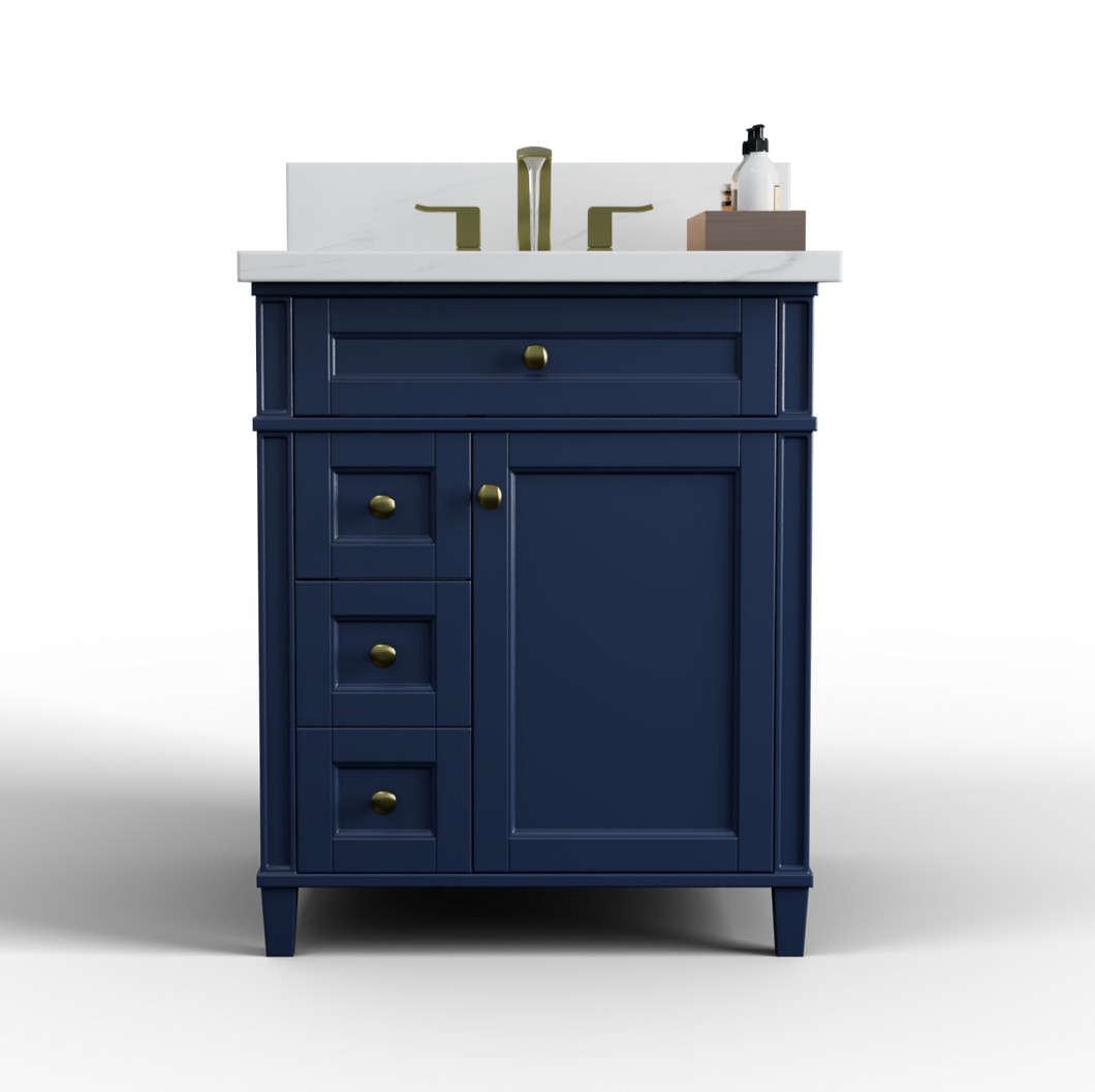 Kensington 30 inch left drawer all wood bath vanity in navy blue- modular bath vanity with make-up drawer bridge cabinet from ER vanities- Furniture grade bathroom cabinet maker