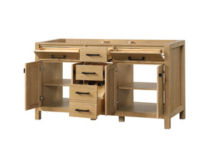 London 60 Inch All Wood Double Bathroom Vanity in Desert Oak with Solid Wood Frame Construction Tip Out Drawer