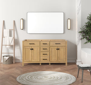 London 60 Inch All Wood Double Bathroom Vanity in Desert Oak with Solid Wood Frame Construction Tip Out Drawer