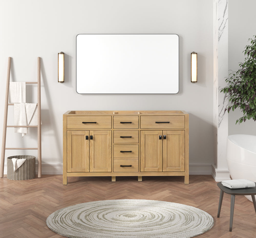 London 60 Inch All Wood Double Bathroom Vanity in Desert Oak with Solid Wood Frame Construction Tip Out Drawer